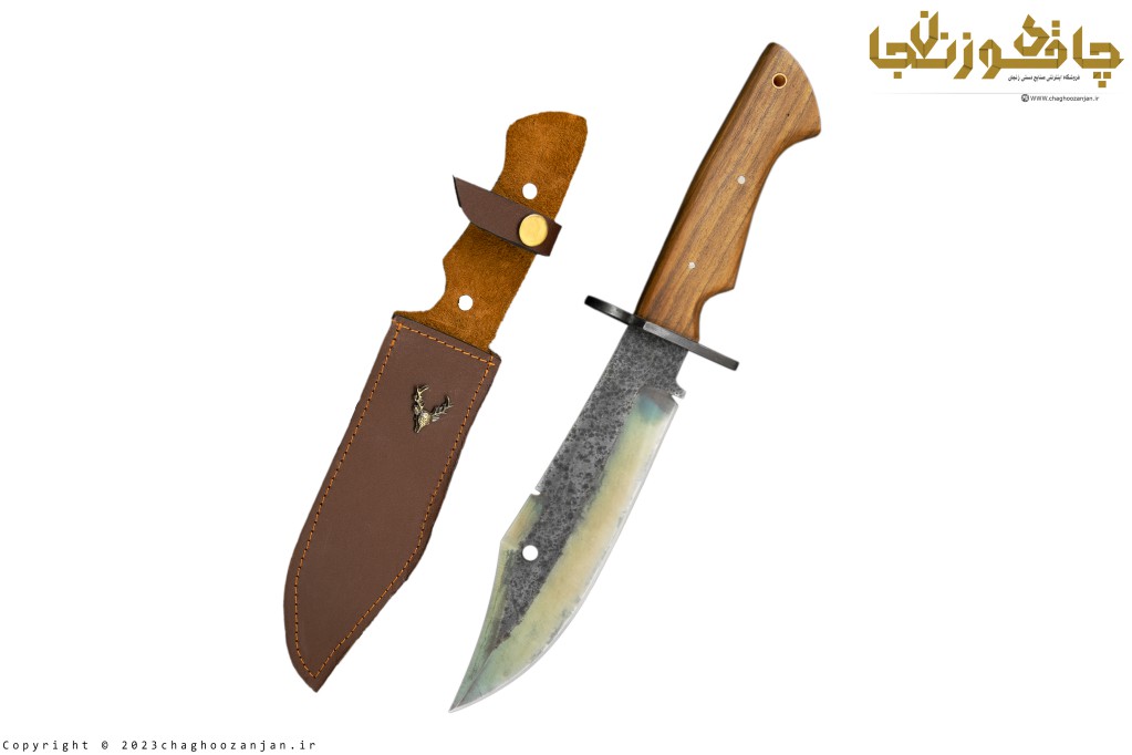 چاقوی کمپینگ و شکار مدل نظامی با قبضه دستساز و تیغه هفت رنگ + جلد چرم 